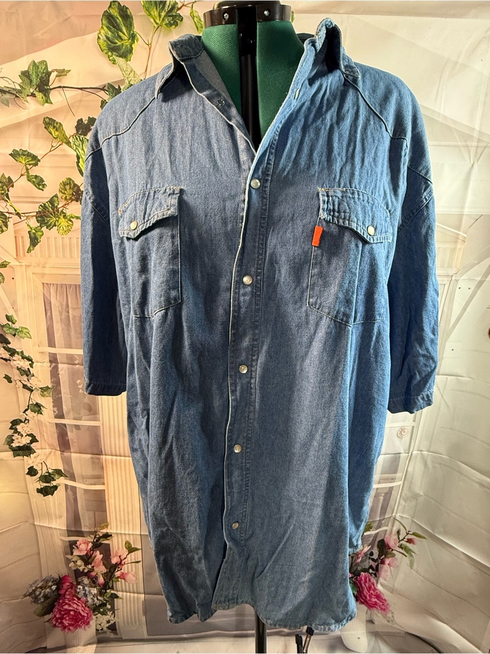 989-Relaxed Blue Denim Button-Down Shirt with Chest Pockets